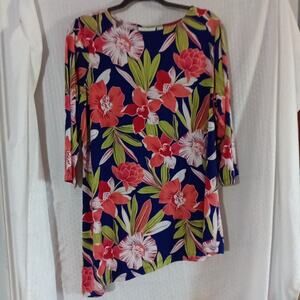 Susan Graver Top Womens Large Blue Floral Liquid Knit Asymmetrical Hem Colorful